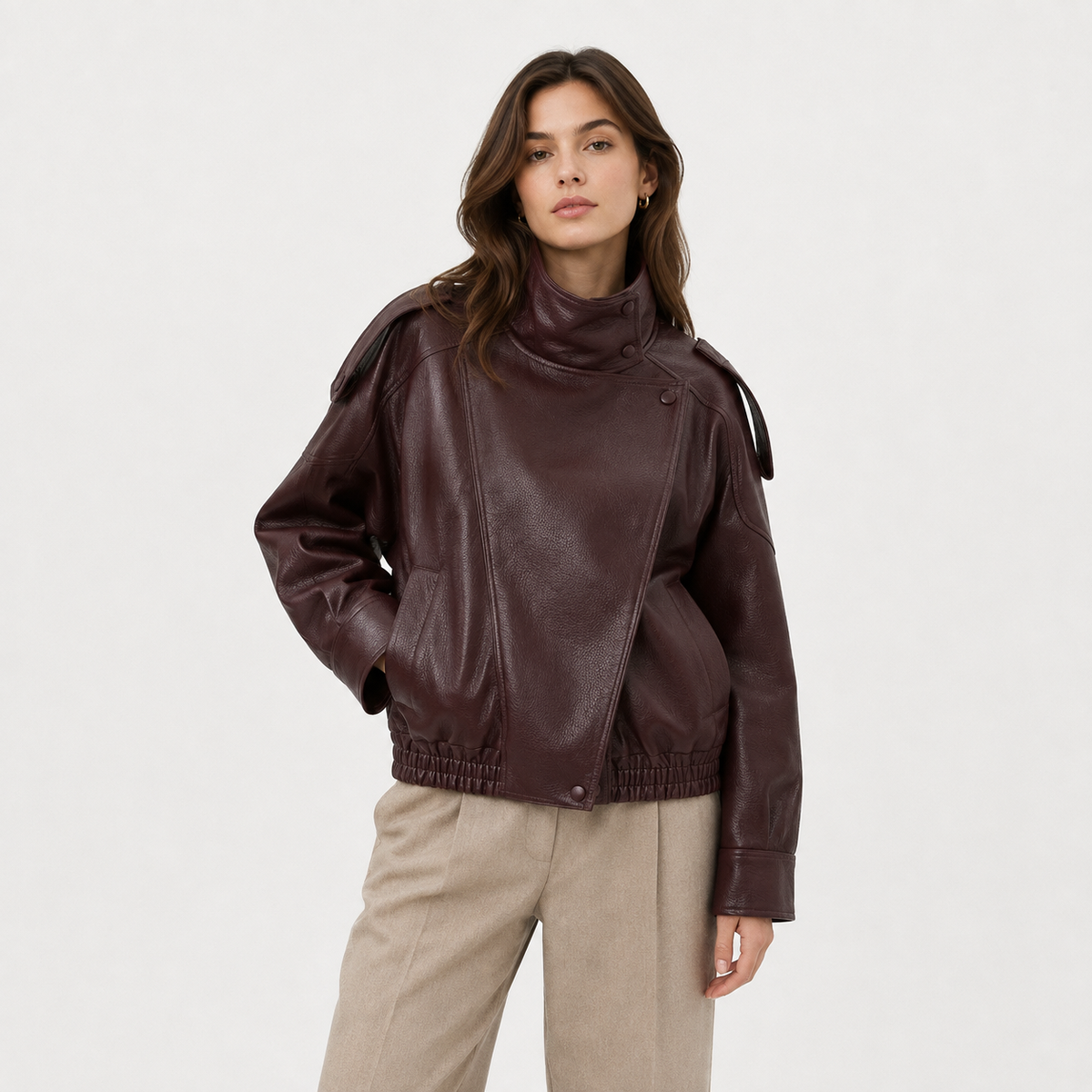Asymmetric Faux Leather Jacket, Relaxed Loose Fit Coat