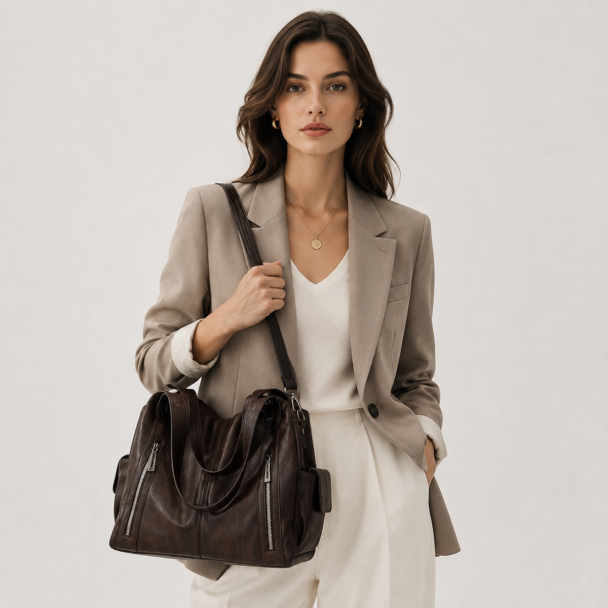 Structured Faux Leather Shoulder Bag, Spacious Purse