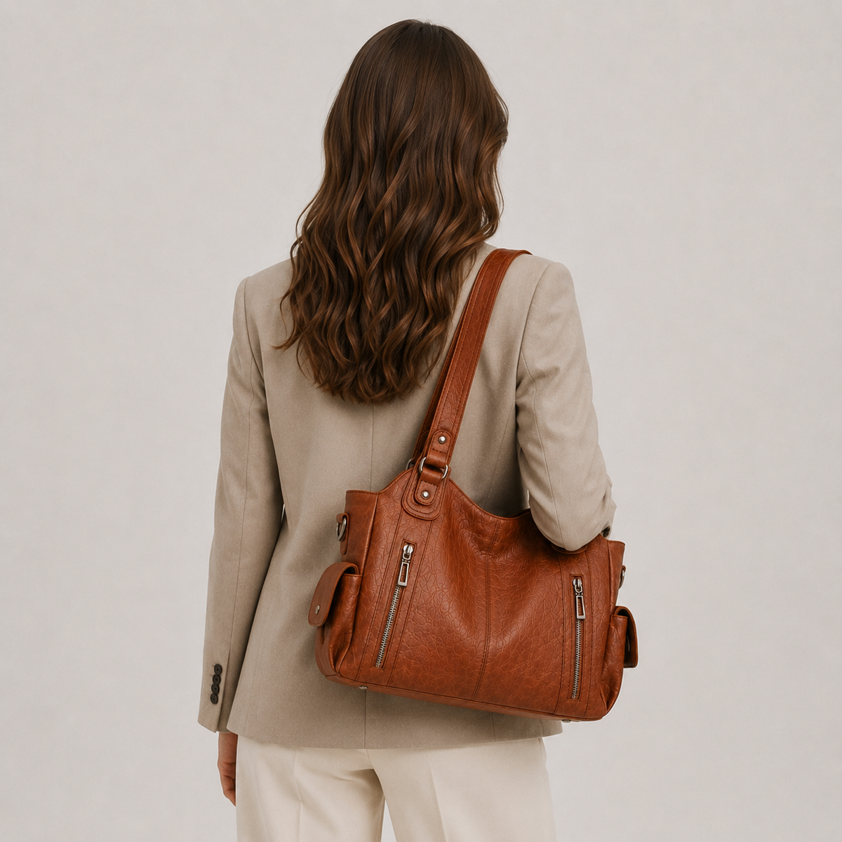 Structured Faux Leather Shoulder Bag, Spacious Purse