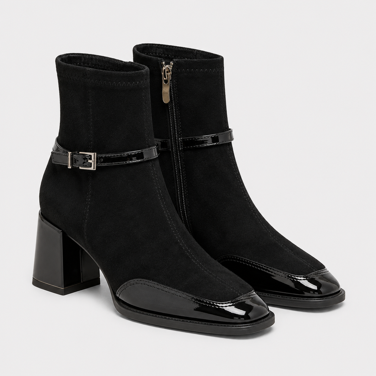 Leather Look Ankle Boots, Block Heel Side Zip Style