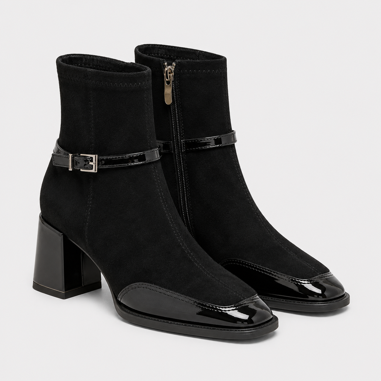 Leather Look Ankle Boots, Block Heel Side Zip Style