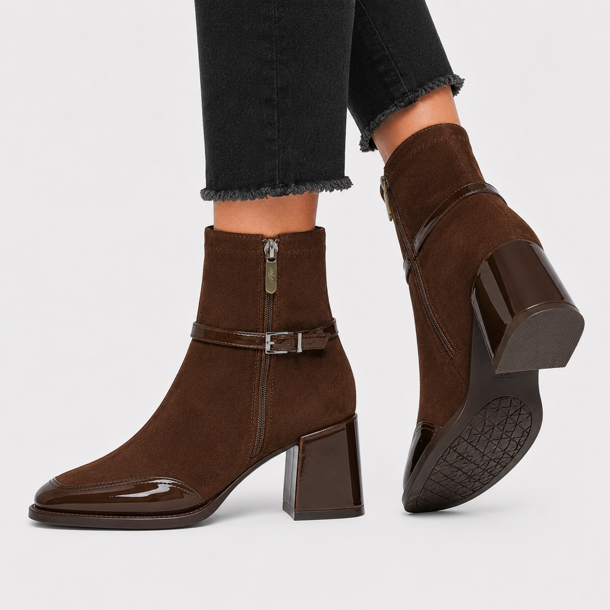 Leather Look Ankle Boots, Block Heel Side Zip Style