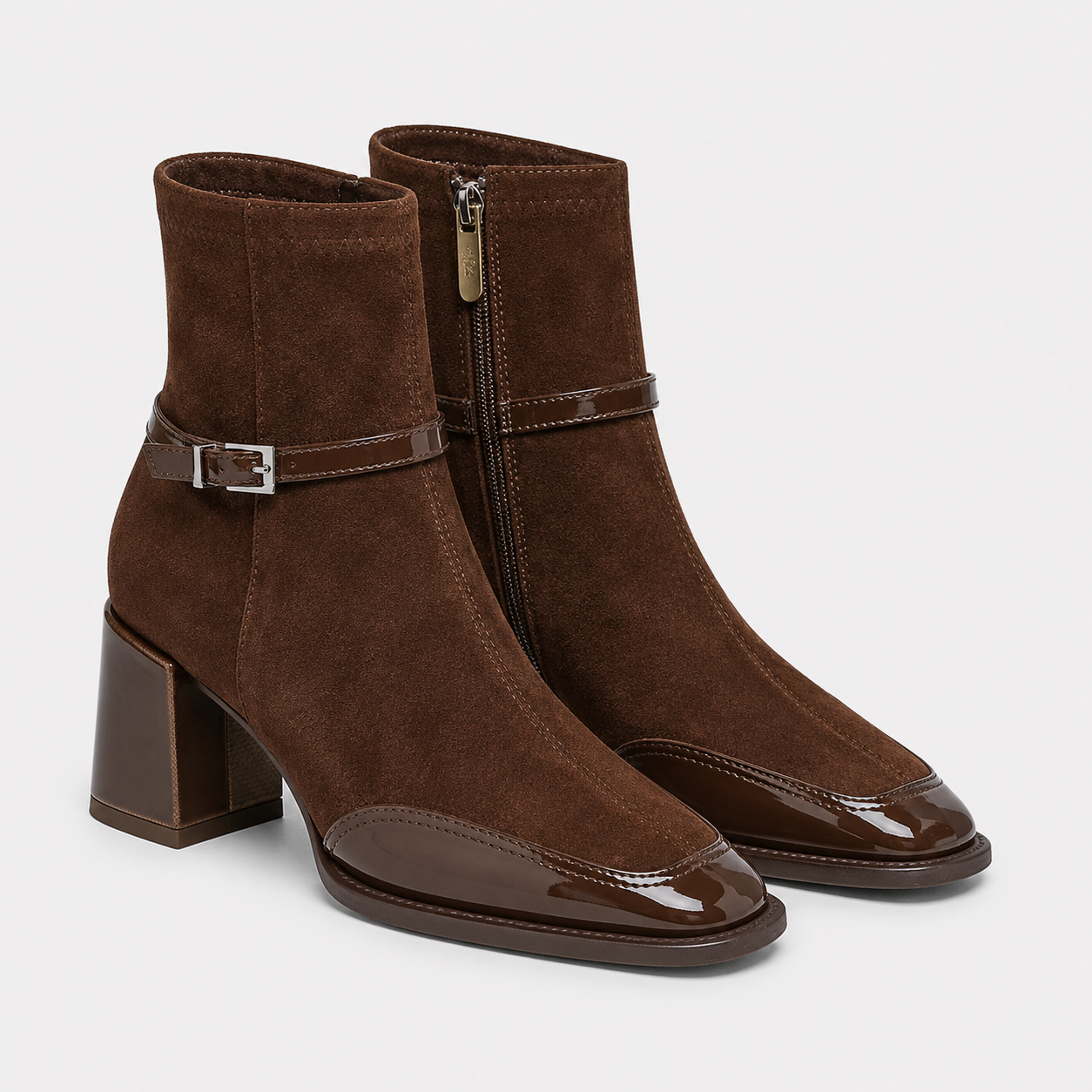 Leather Look Ankle Boots, Block Heel Side Zip Style