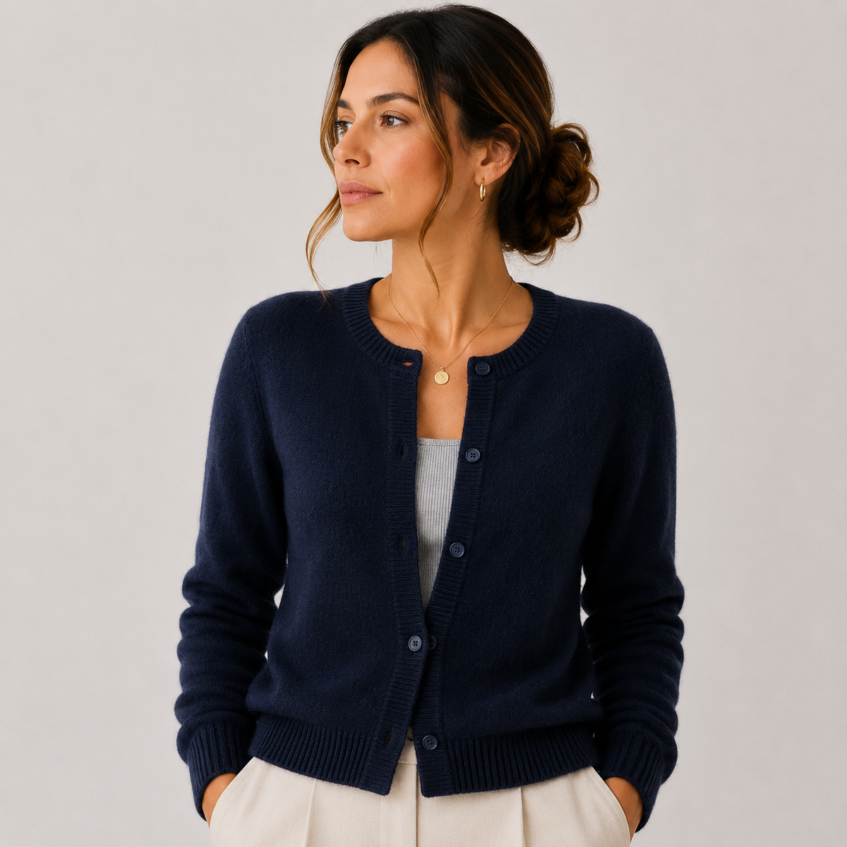 Round Neck Knit Cardigan, Button Front Soft Sweater