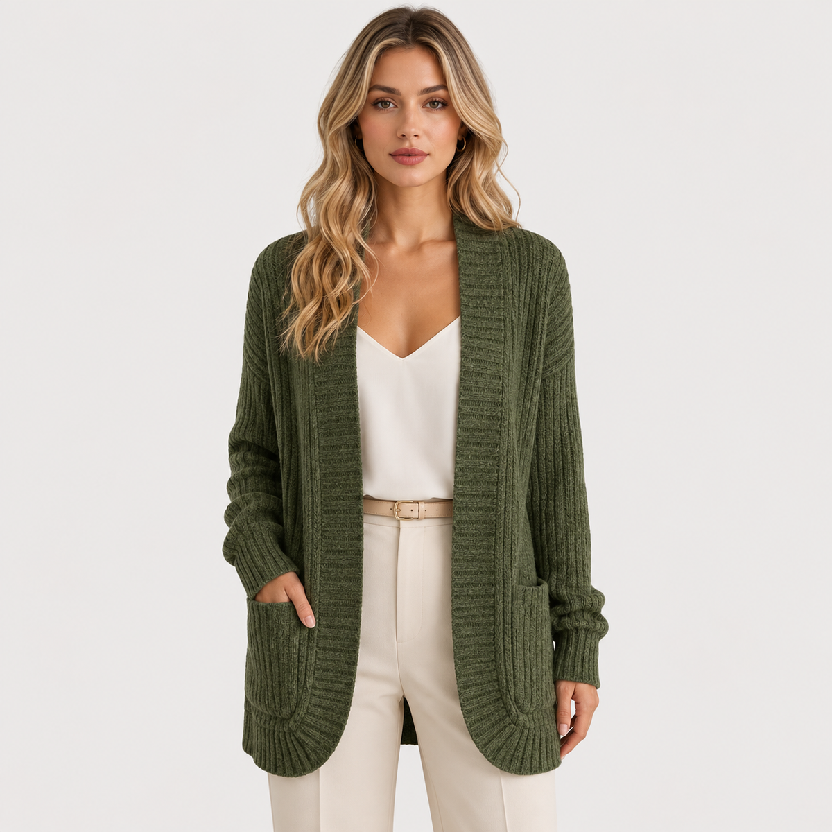 Ribbed Knit Sweater with Pockets, Relaxed Long Sleeve