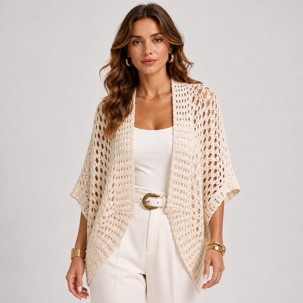 Crochet Cardigan, Lightweight Open Front Beige Layer