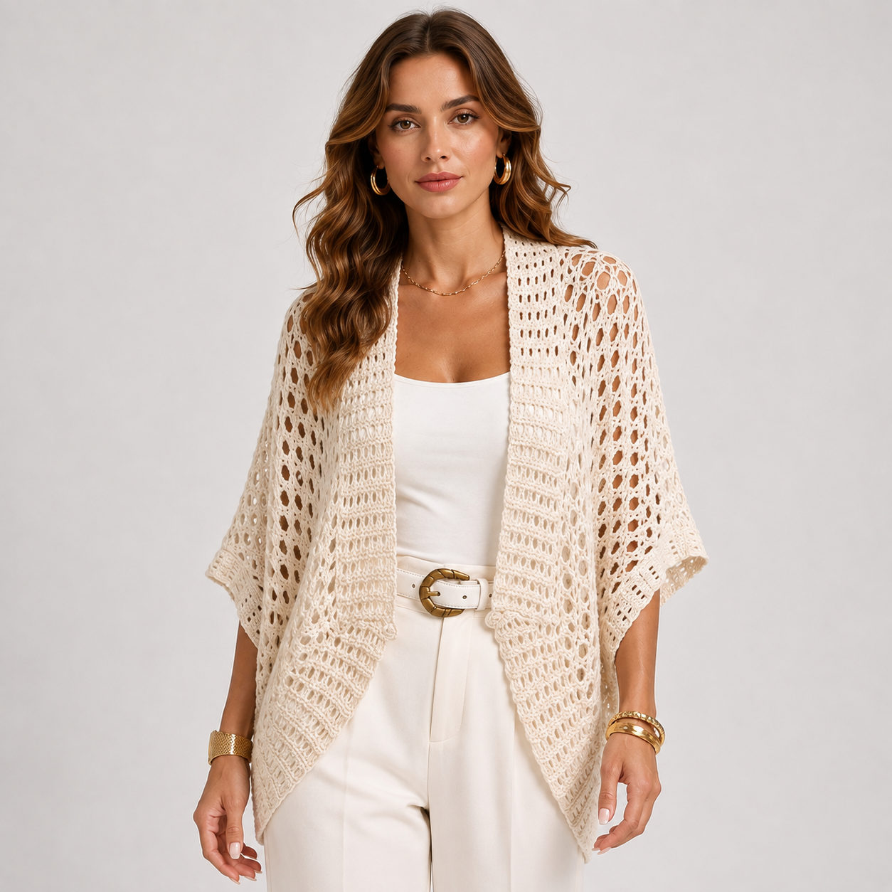 Crochet Cardigan, Lightweight Open Front Beige Layer