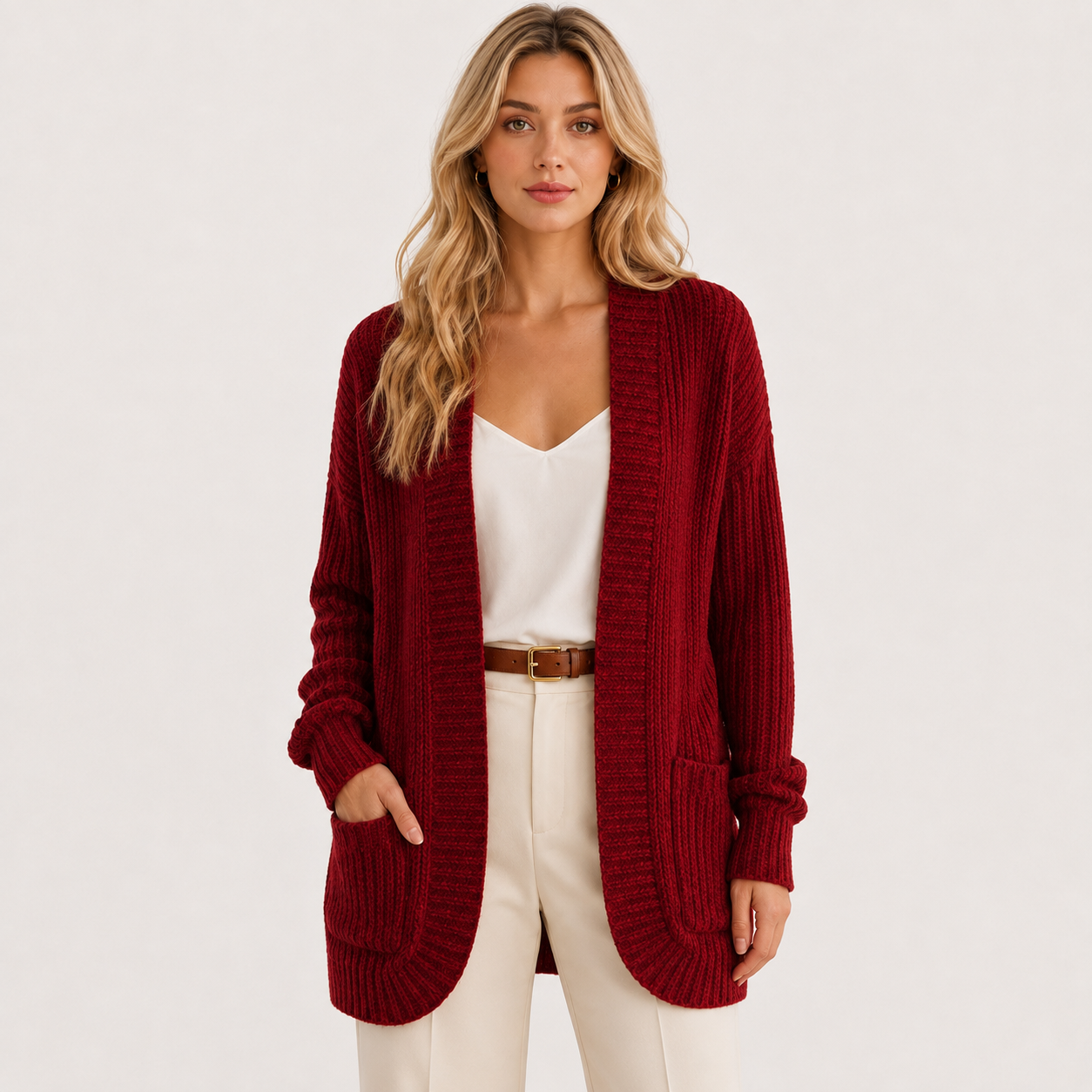 Ribbed Knit Sweater with Pockets, Relaxed Long Sleeve