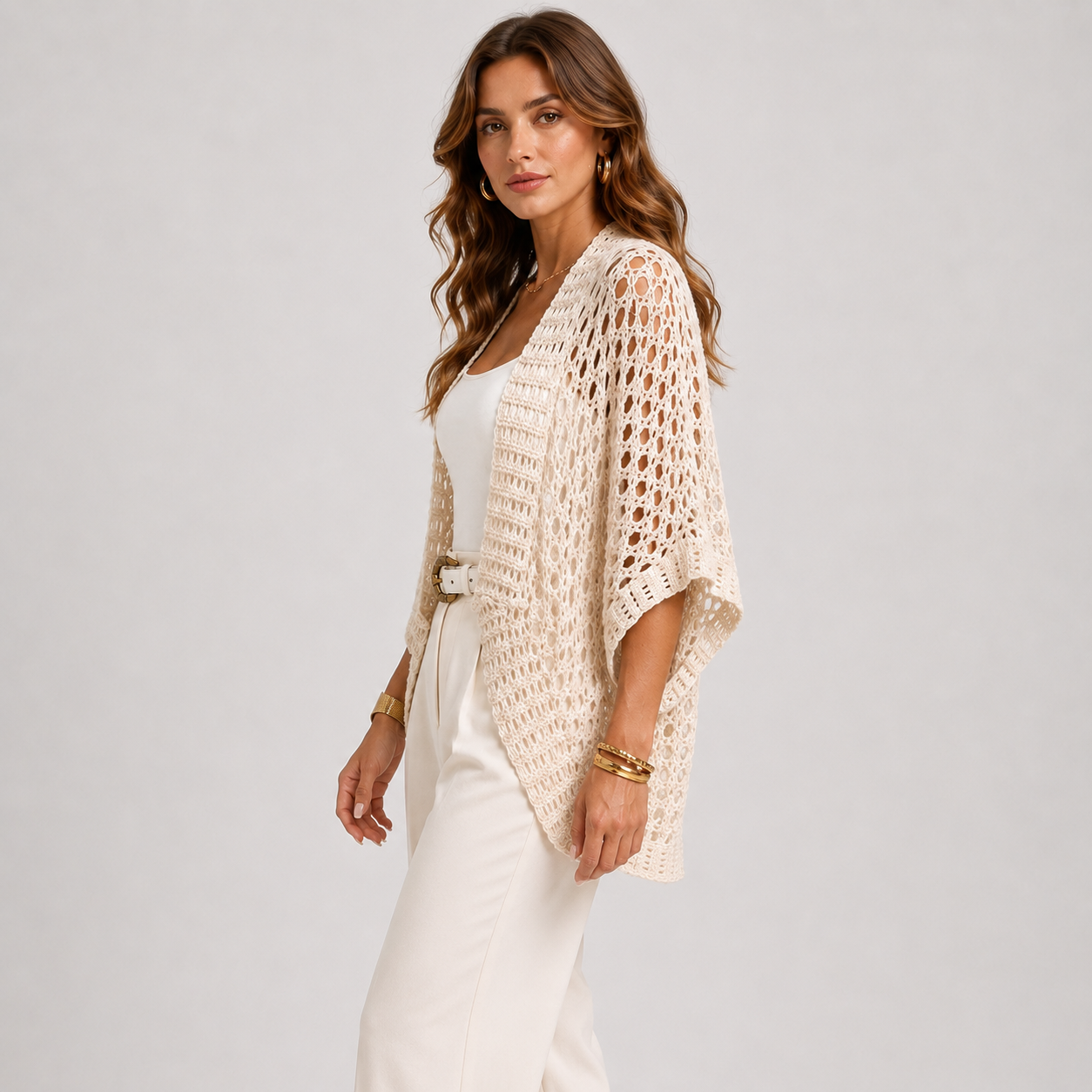 Crochet Cardigan, Lightweight Open Front Beige Layer