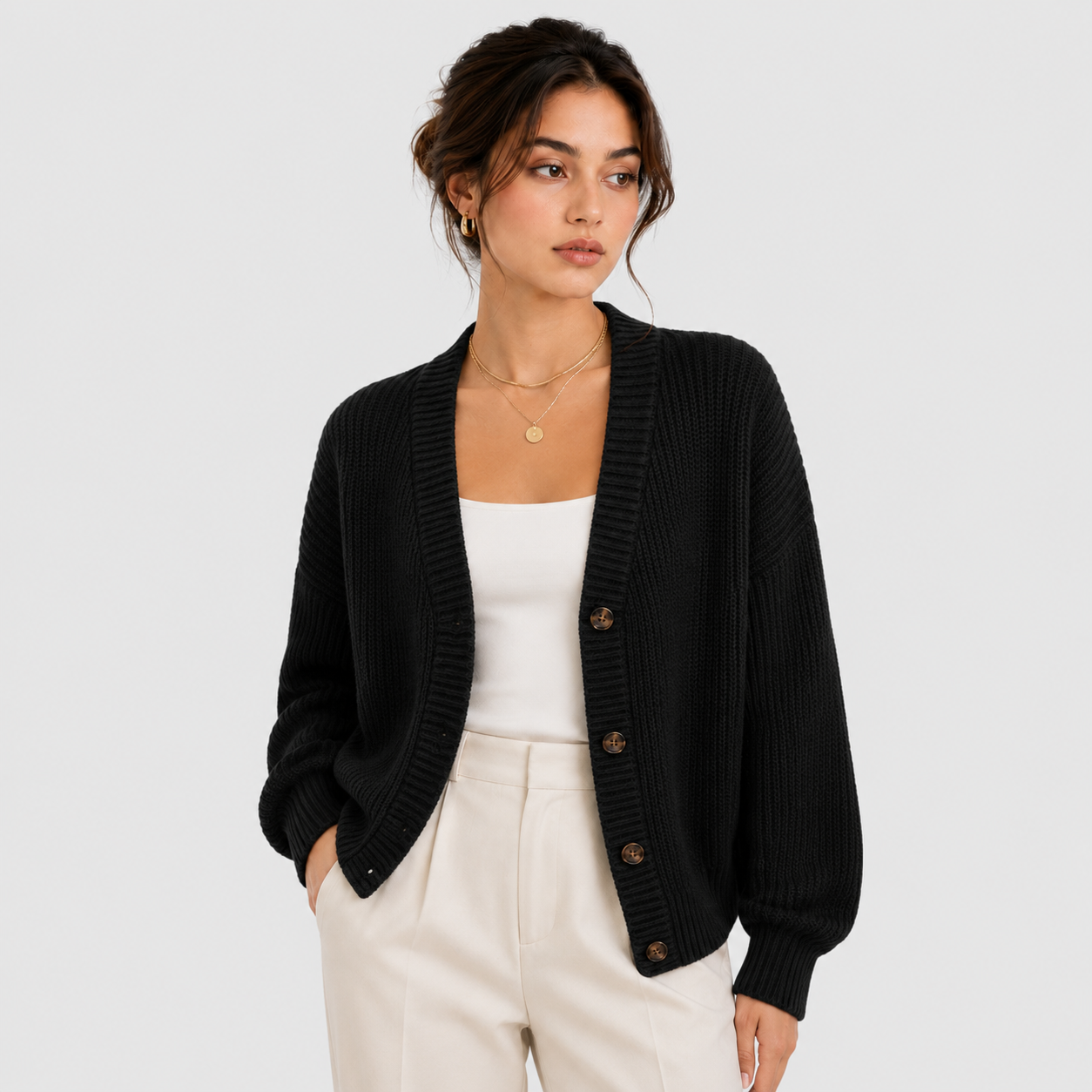 Button Front Knit Cardigan, Soft Long Sleeve Layer