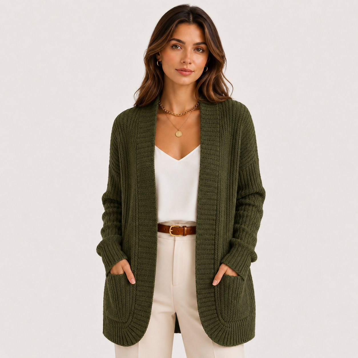Ribbed Knit Sweater with Pockets, Relaxed Long Sleeve
