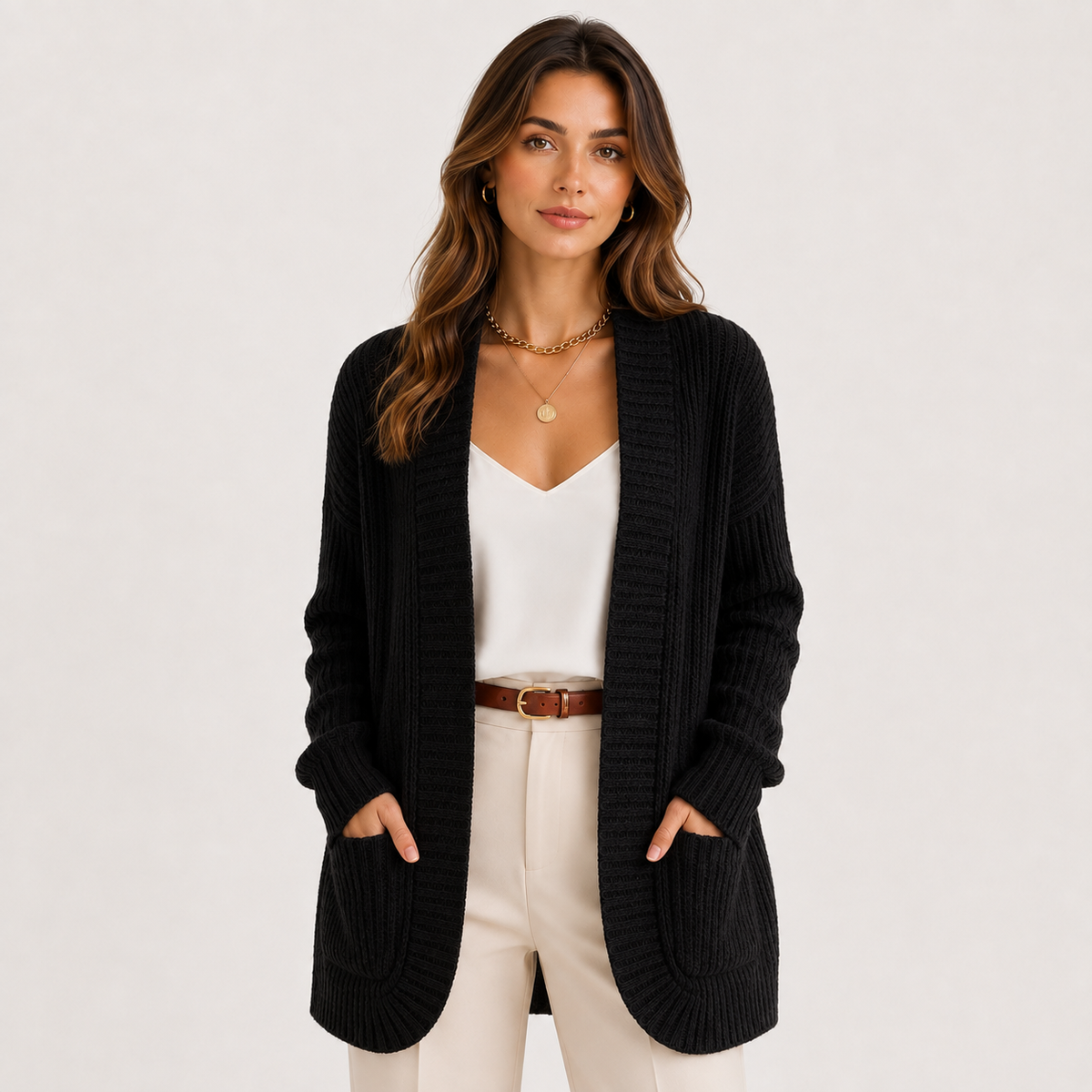 Ribbed Knit Sweater with Pockets, Relaxed Long Sleeve