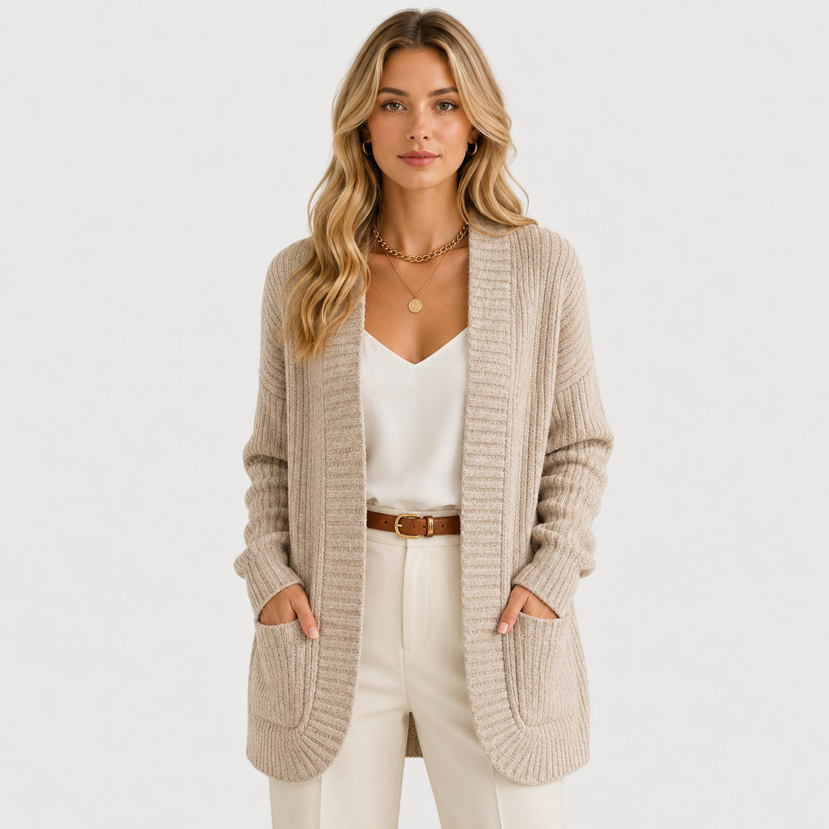 Ribbed Knit Sweater with Pockets, Relaxed Long Sleeve