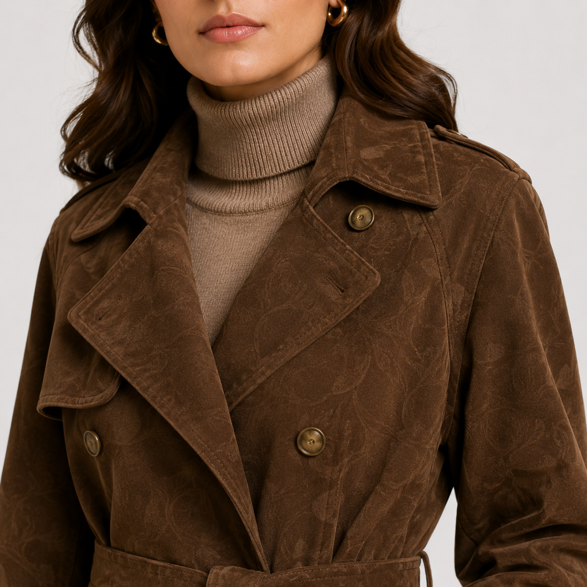 Belted Suede Coat, Double Breasted Long Brown Coat