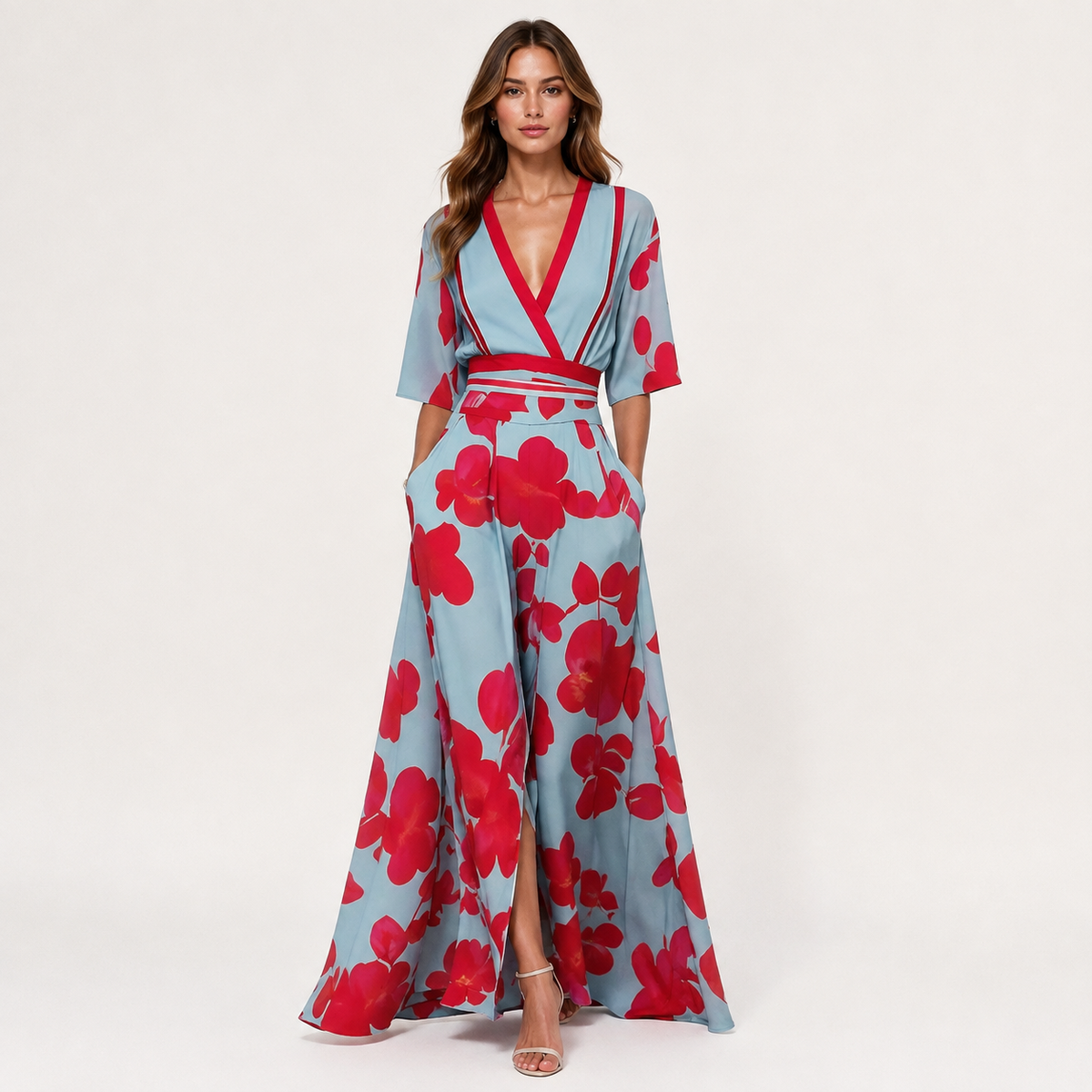 Floral Print A-Line Maxi Dress, V-Neck Full Length