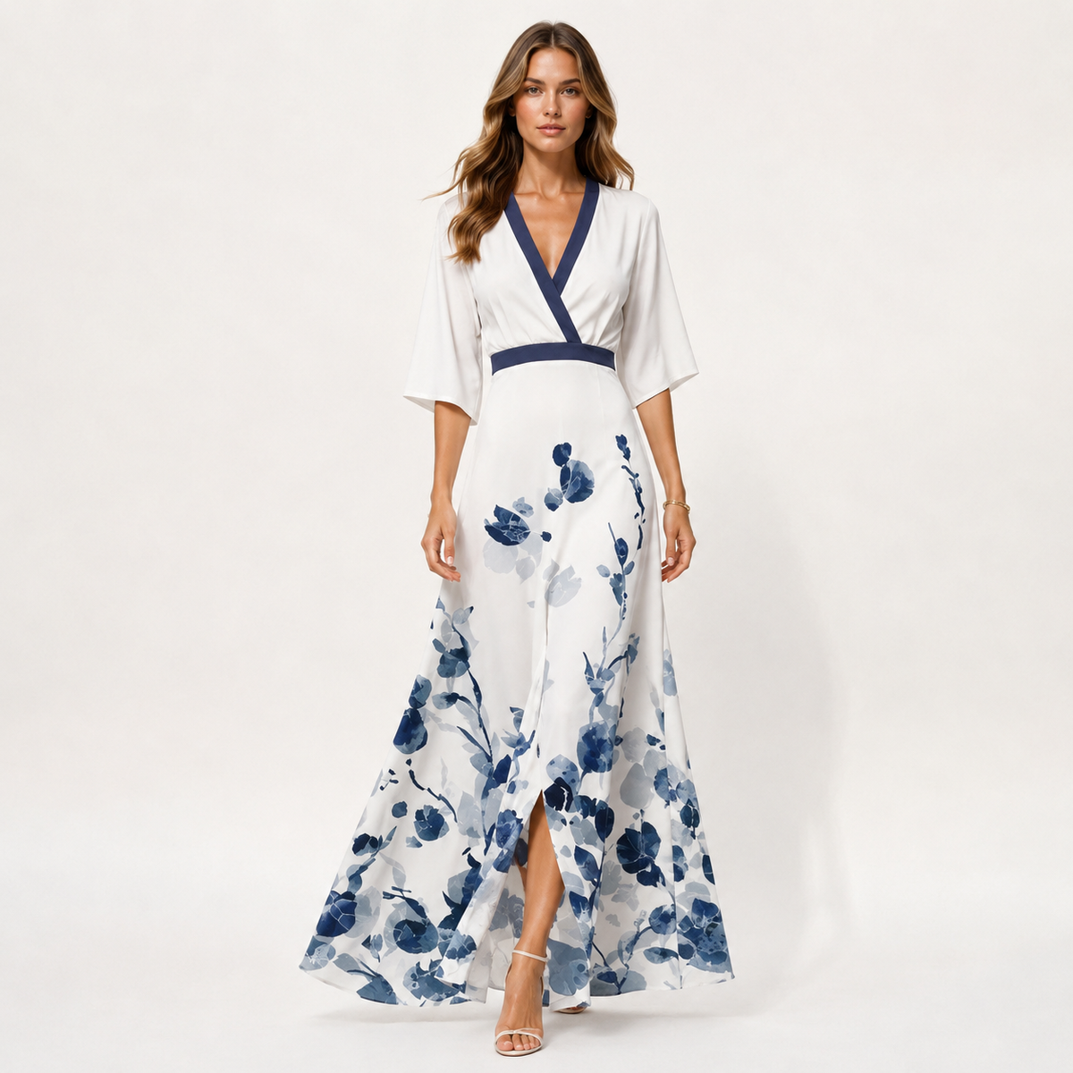 Floral Print A-Line Maxi Dress, V-Neck Full Length