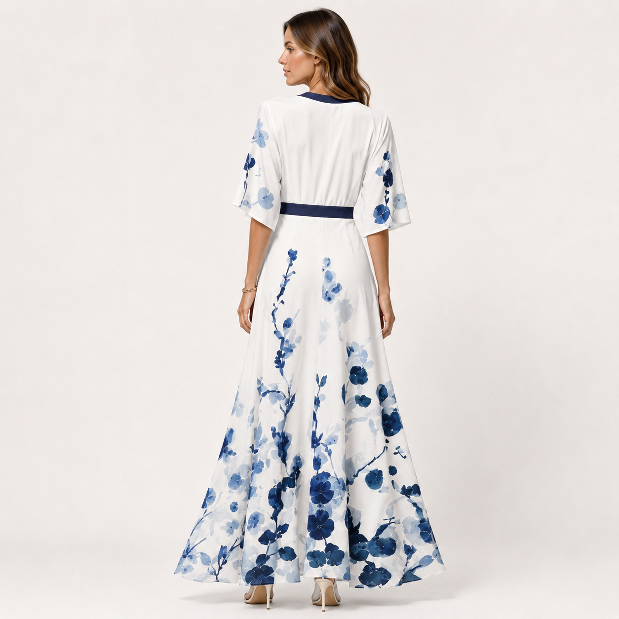 Floral Print A-Line Maxi Dress, V-Neck Full Length