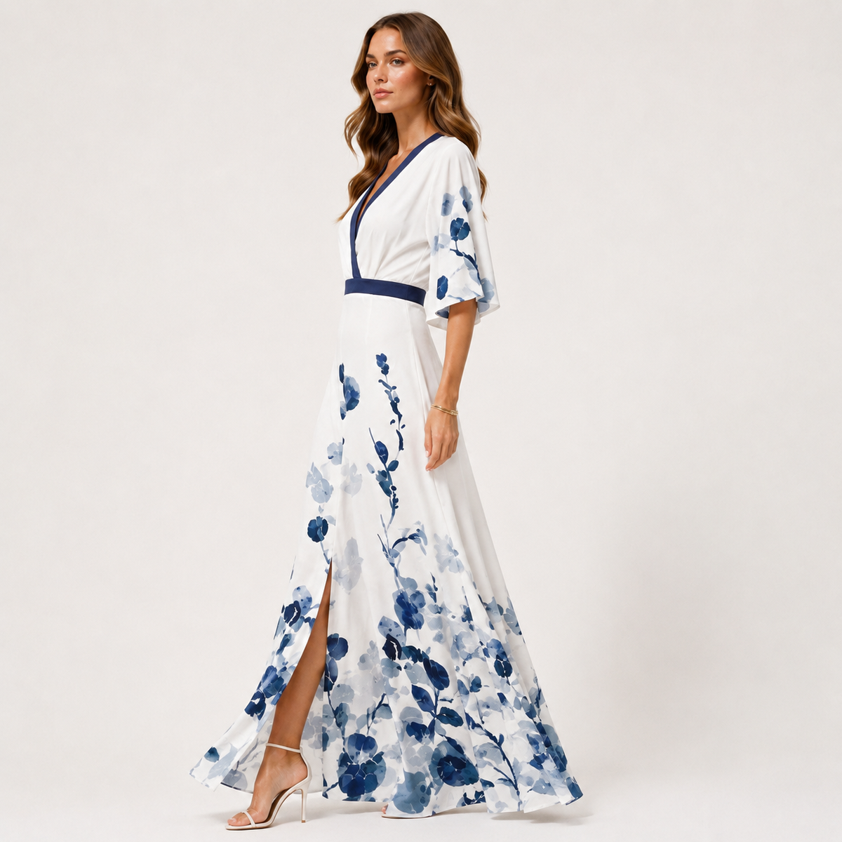 Floral Print A-Line Maxi Dress, V-Neck Full Length