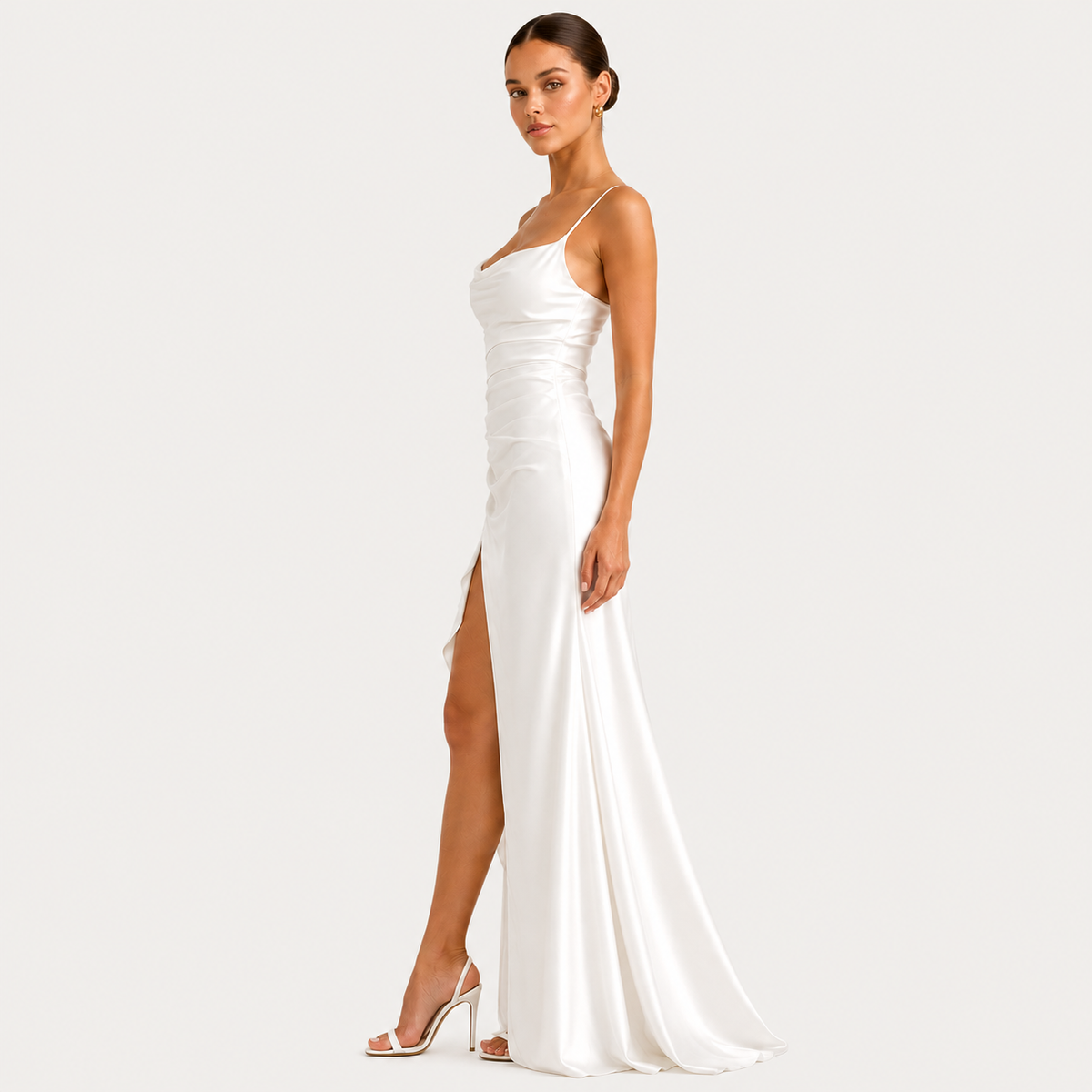 Satin Maxi Dress, Sleeveless Draped Side Slit Gown