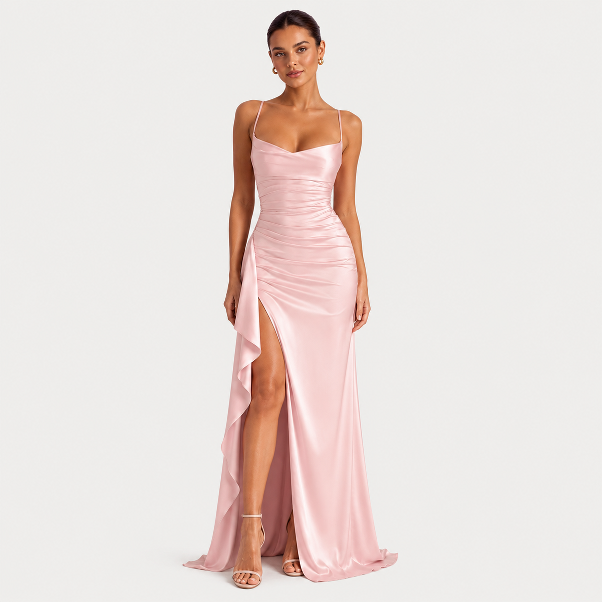 Satin Maxi Dress, Sleeveless Draped Side Slit Gown