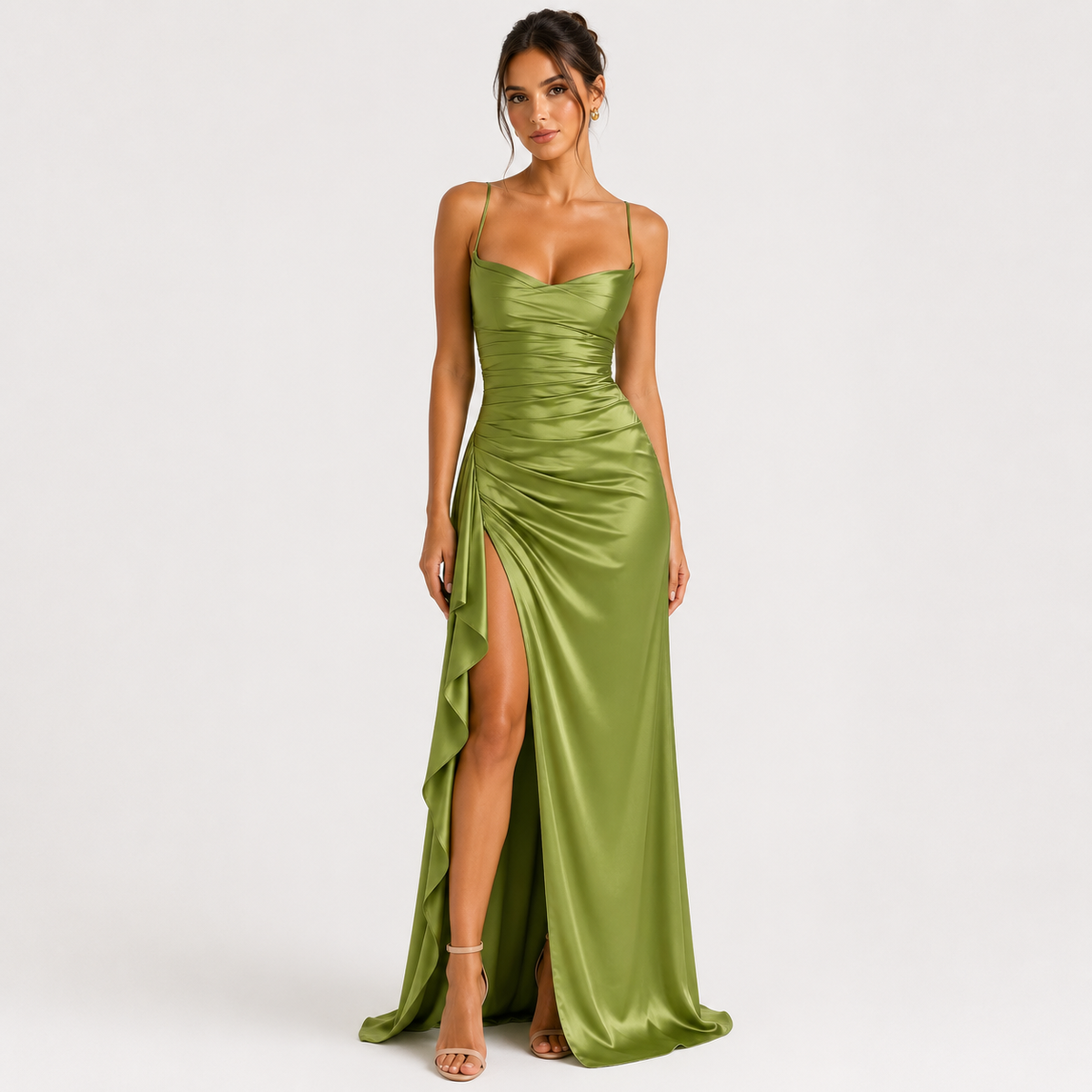 Satin Maxi Dress, Sleeveless Draped Side Slit Gown