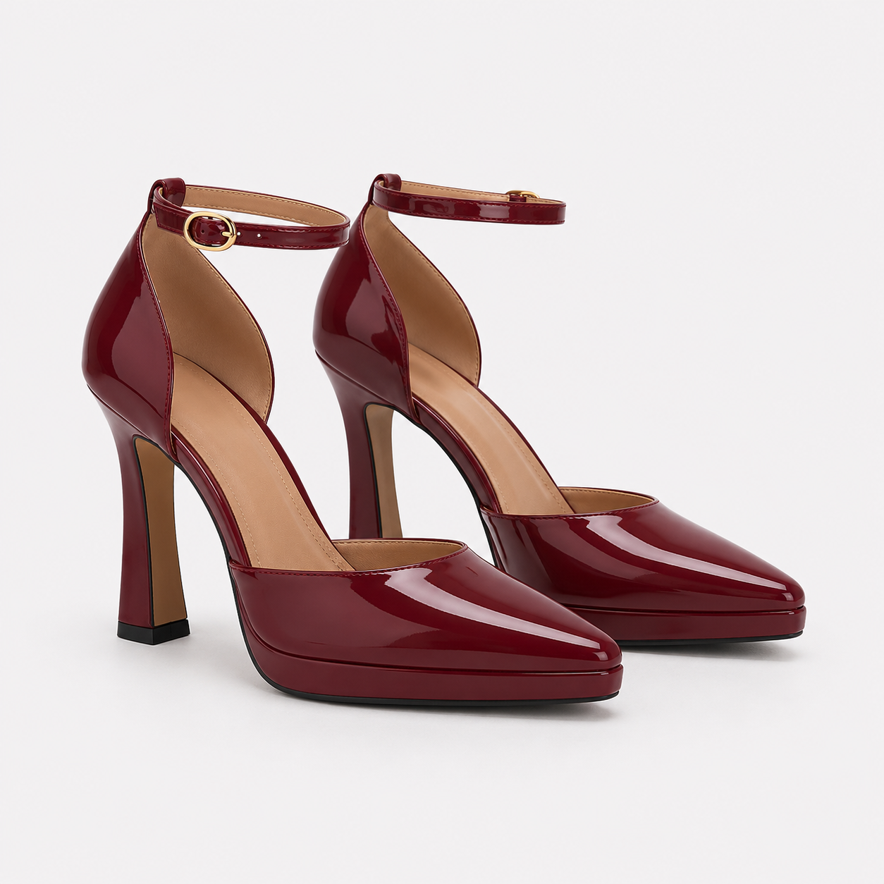 Pointed Toe Ankle Strap Heels, 11 cm Leather Pumps