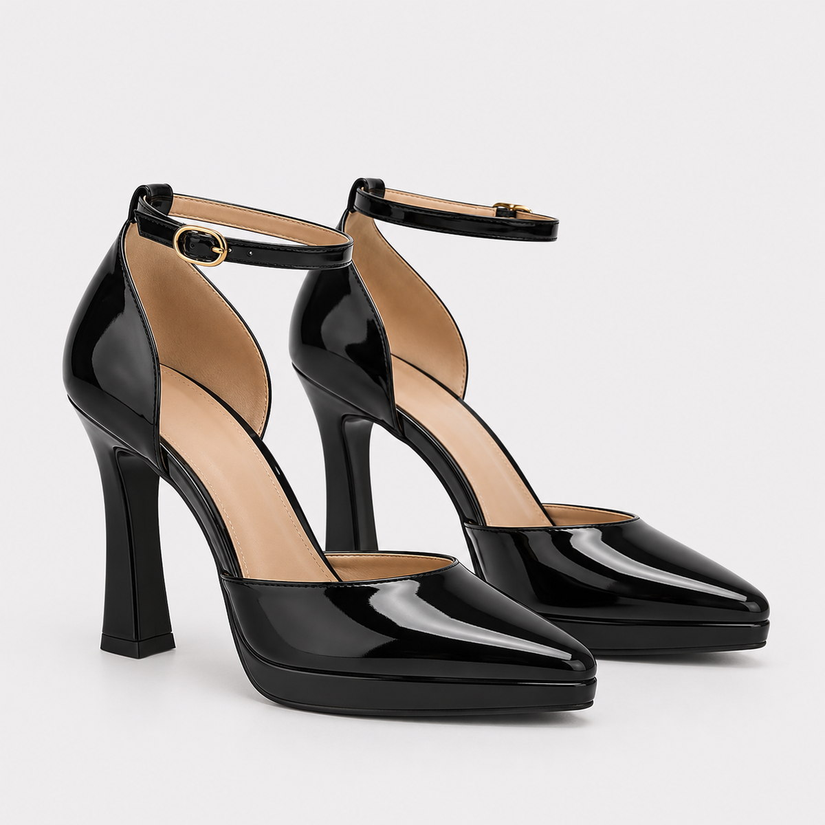 Pointed Toe Ankle Strap Heels, 11 cm Leather Pumps