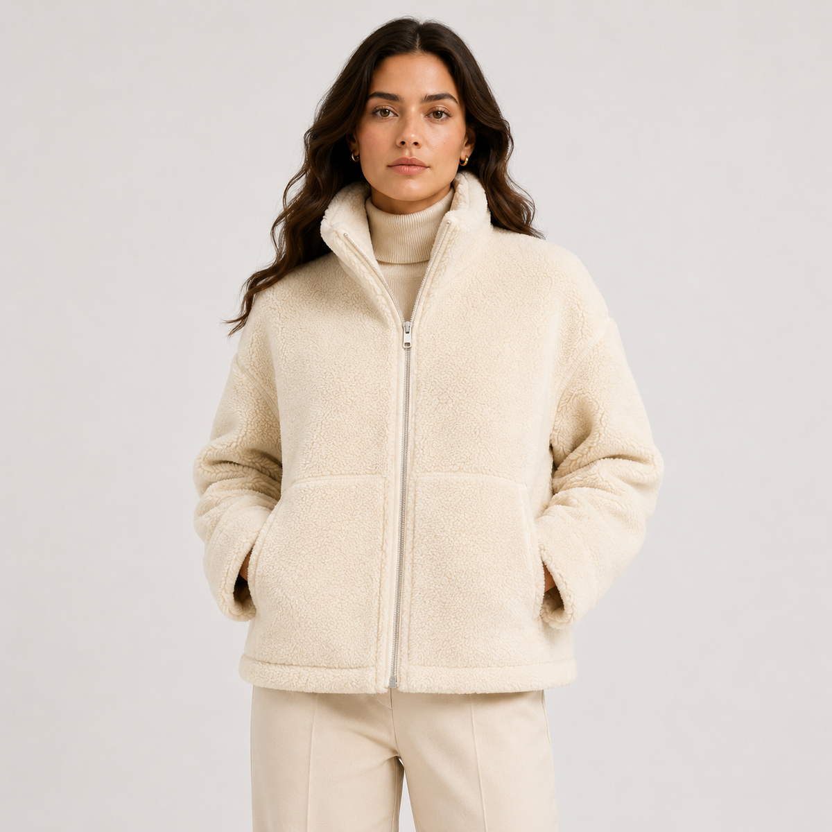 Full Zip Plush Fleece Jacket, Stand Collar and Pockets