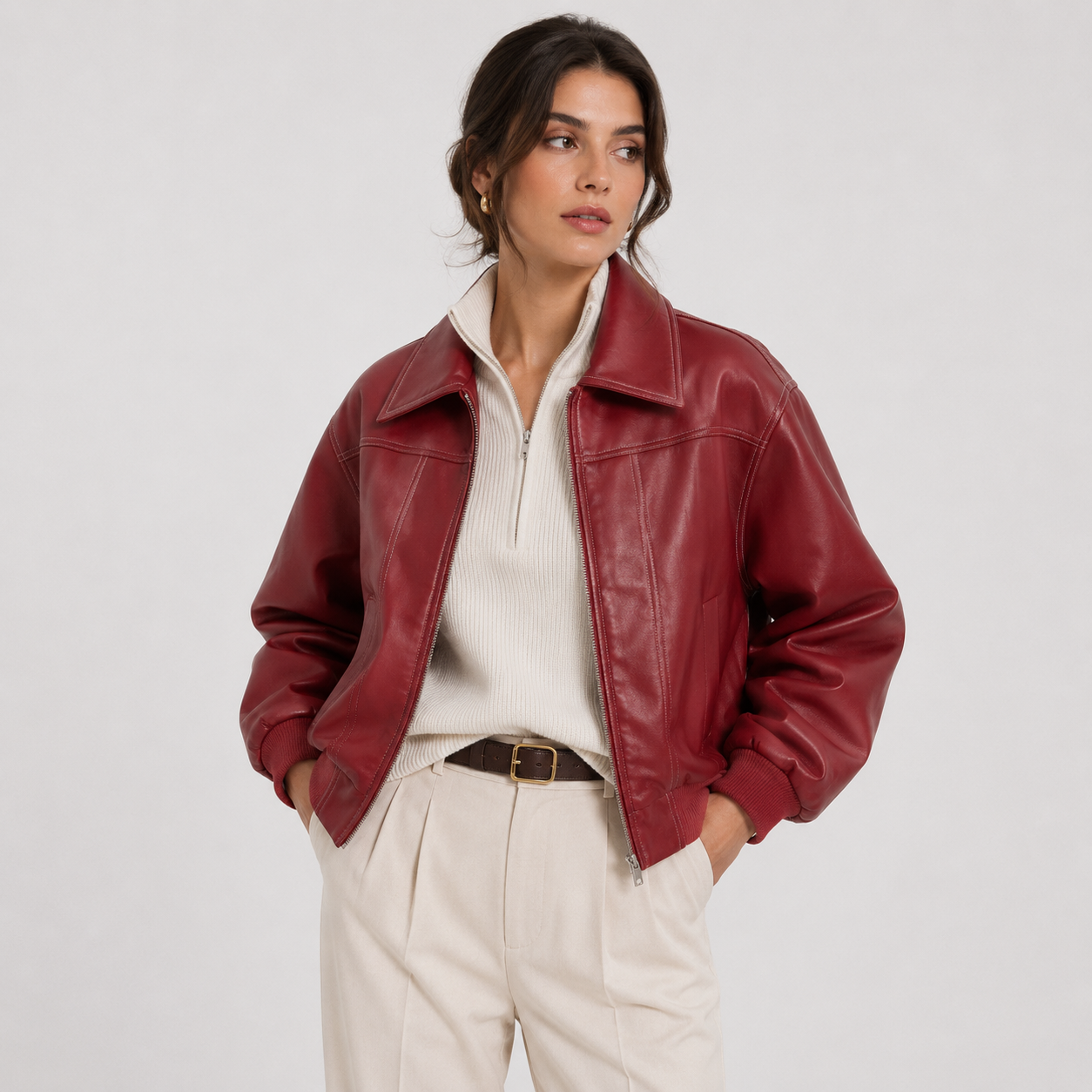 Red Leather Look Jacket, Zip Front Structured Collar