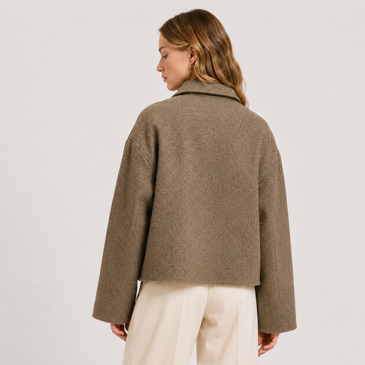 Button Front Jacket, Relaxed Taupe Collared Warm Coat