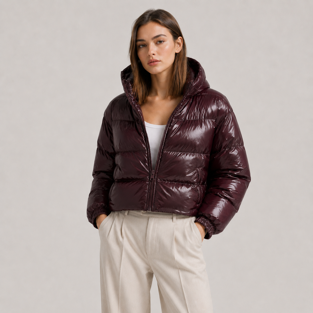Short Hooded Puffer Jacket, Full Zip Elastic Waist