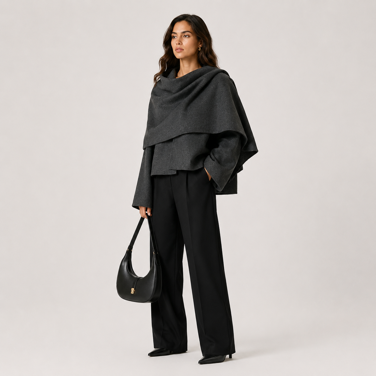 Draped Layered Cape Coat, Cozy Relaxed Winter Jacket