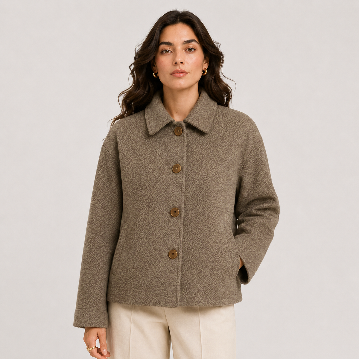 Button Front Jacket, Relaxed Taupe Collared Warm Coat
