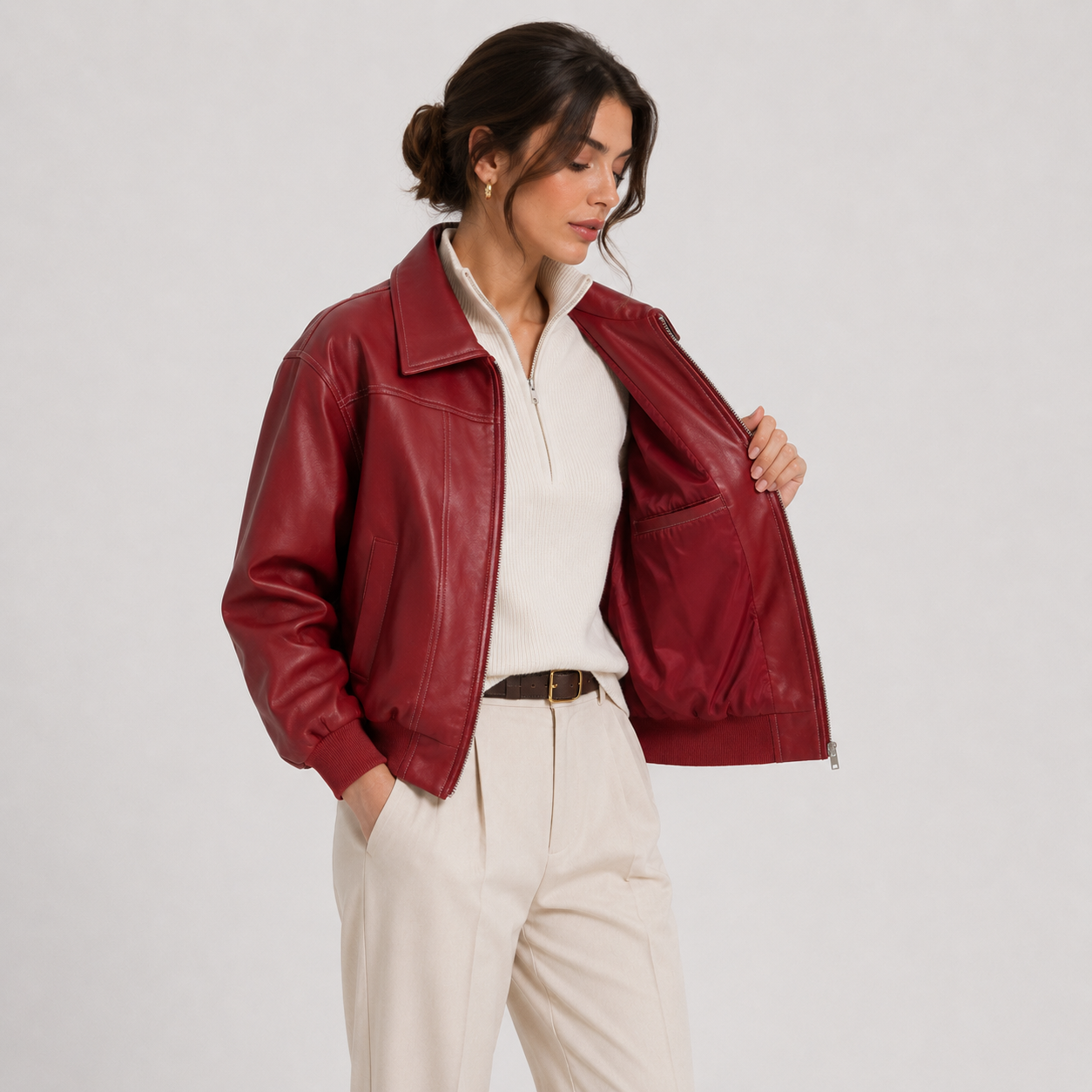 Red Leather Look Jacket, Zip Front Structured Collar
