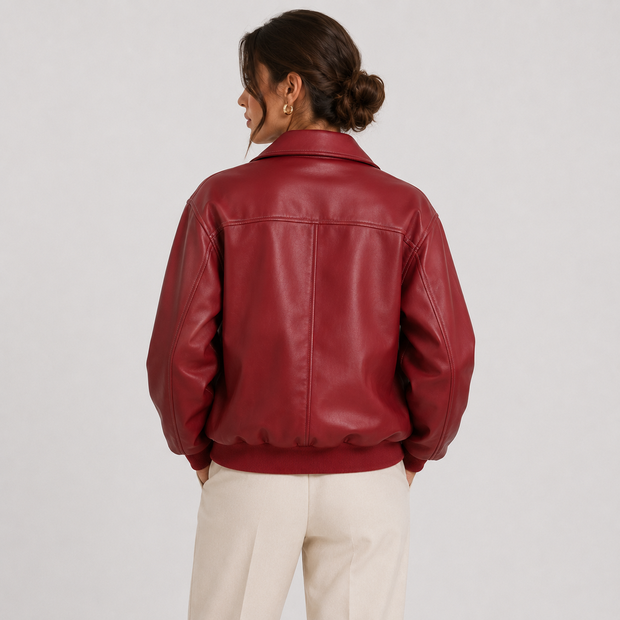 Red Leather Look Jacket, Zip Front Structured Collar