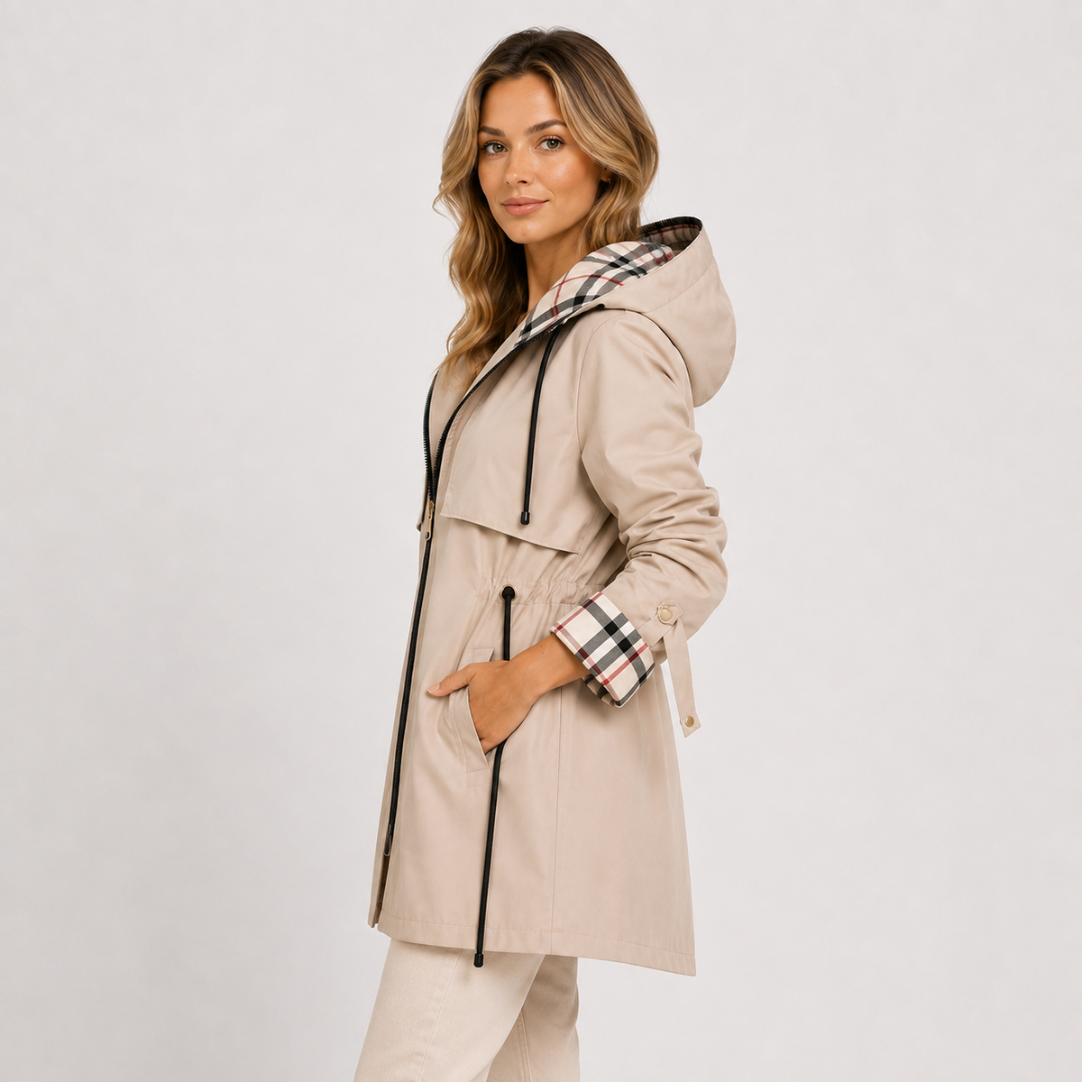 Long Hooded Jacket, Adjustable Waist Zip Front Coat