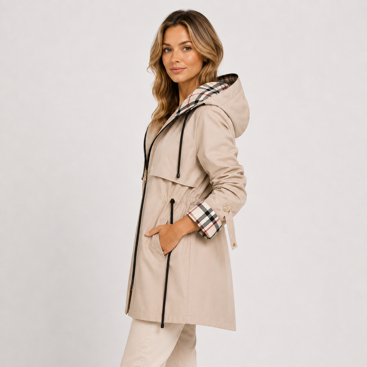 Long Hooded Jacket, Adjustable Waist Zip Front Coat