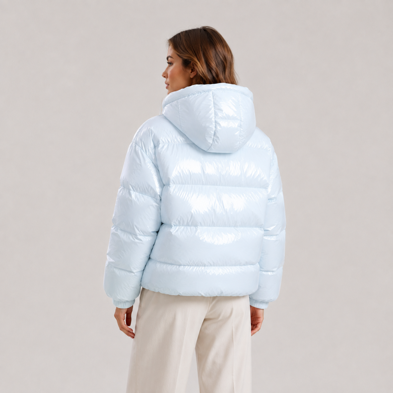 Short Hooded Puffer Jacket, Full Zip Elastic Waist