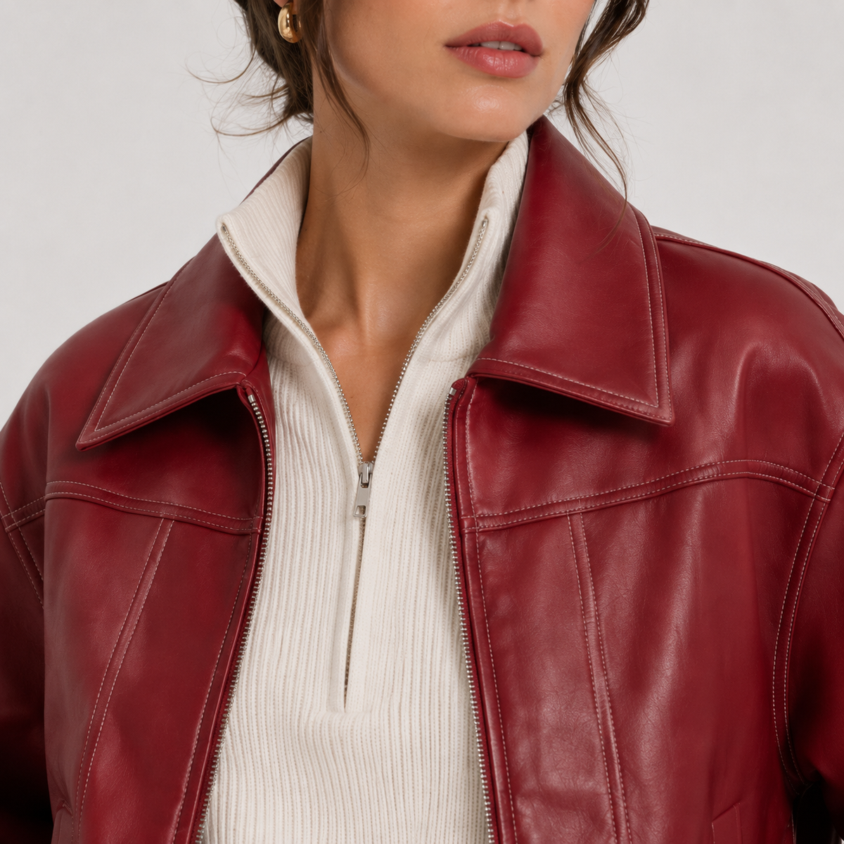 Red Leather Look Jacket, Zip Front Structured Collar