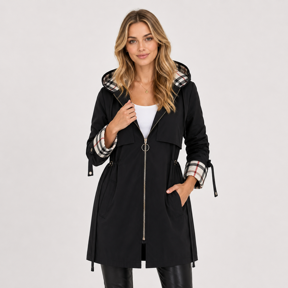 Long Hooded Jacket, Adjustable Waist Zip Front Coat
