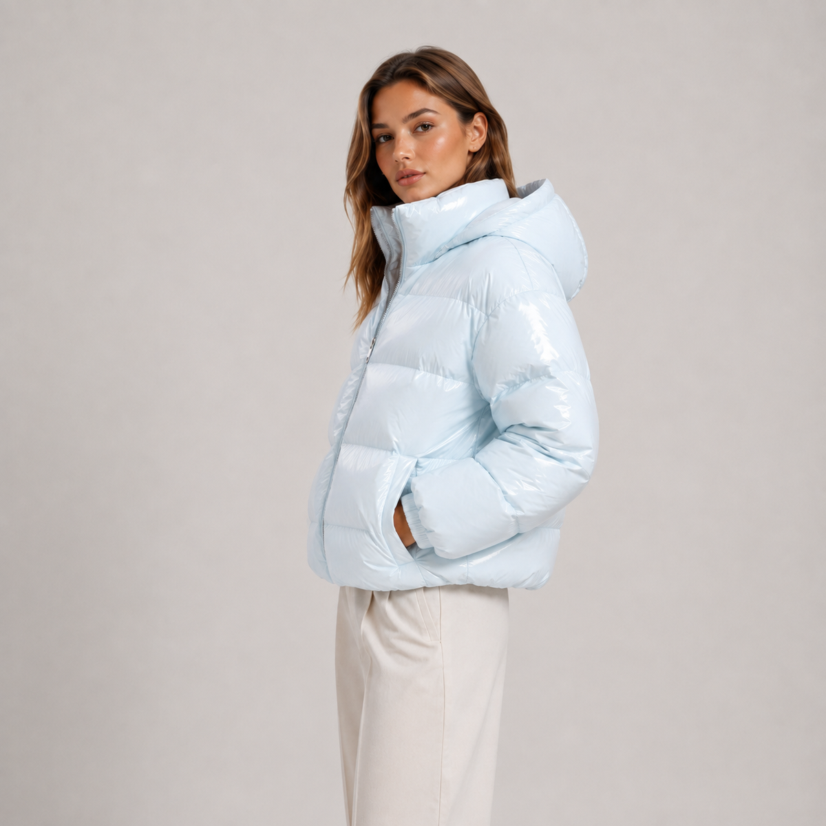 Short Hooded Puffer Jacket, Full Zip Elastic Waist