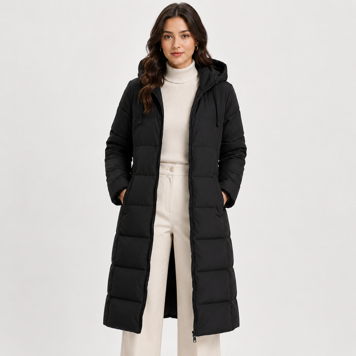 Long Puffer Coat, Hooded Quilted Full Length Warmth
