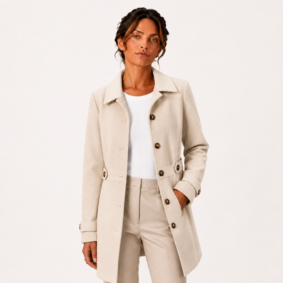 Mid Length Trench Coat, Classic Button Front Layer