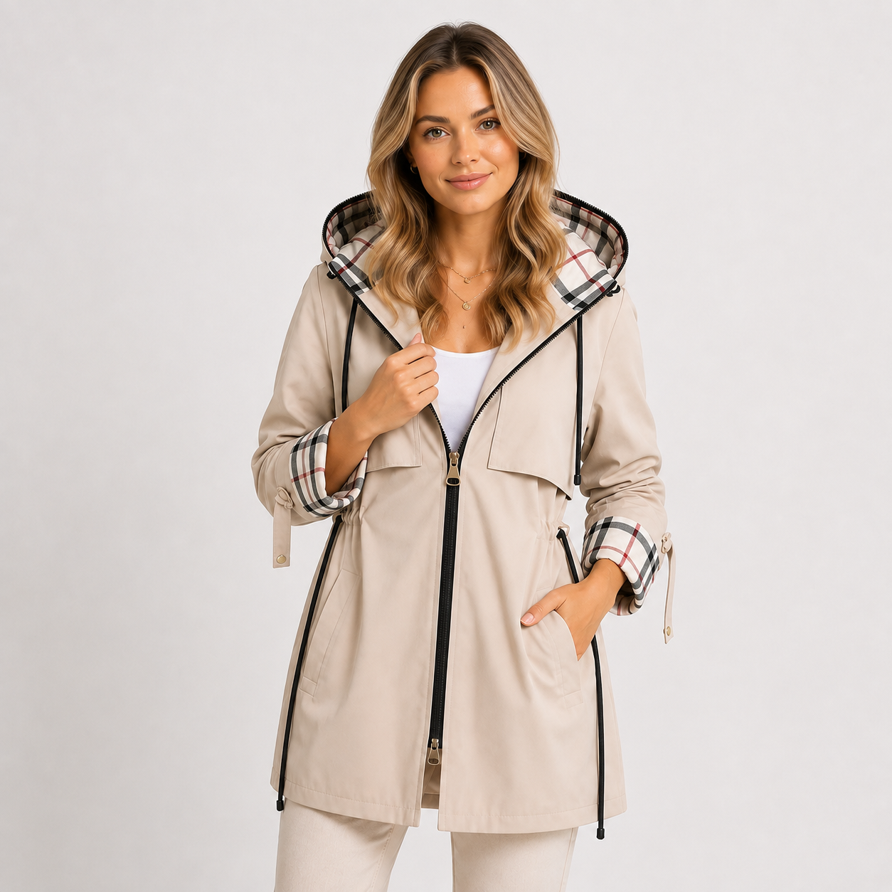 Long Hooded Jacket, Adjustable Waist Zip Front Coat