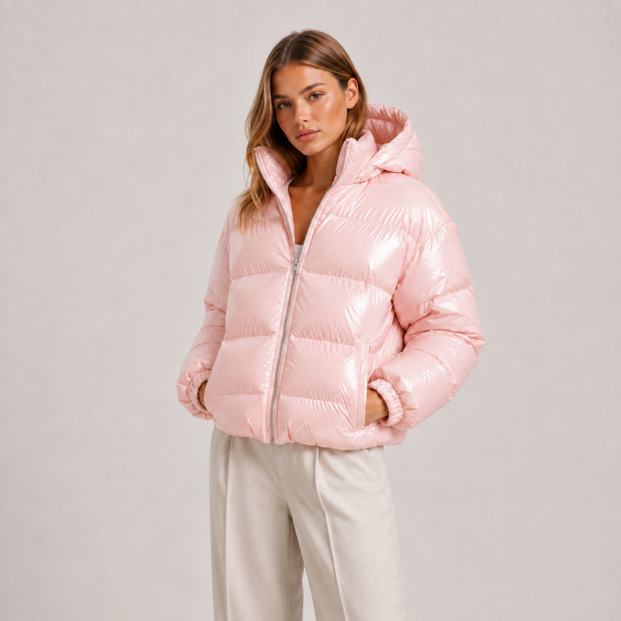 Short Hooded Puffer Jacket, Full Zip Elastic Waist