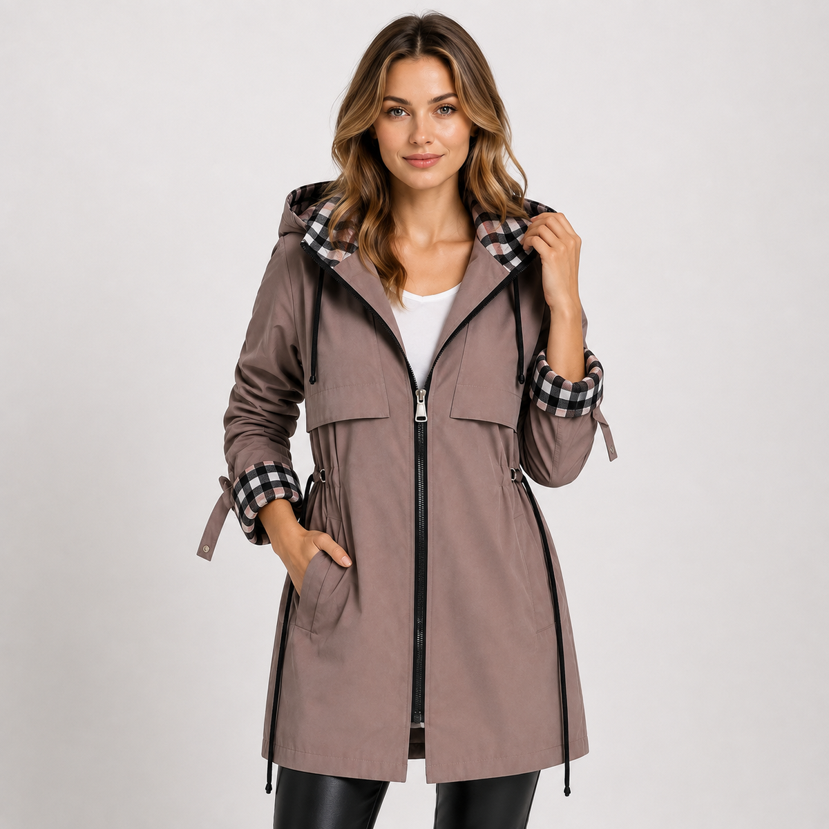 Long Hooded Jacket, Adjustable Waist Zip Front Coat