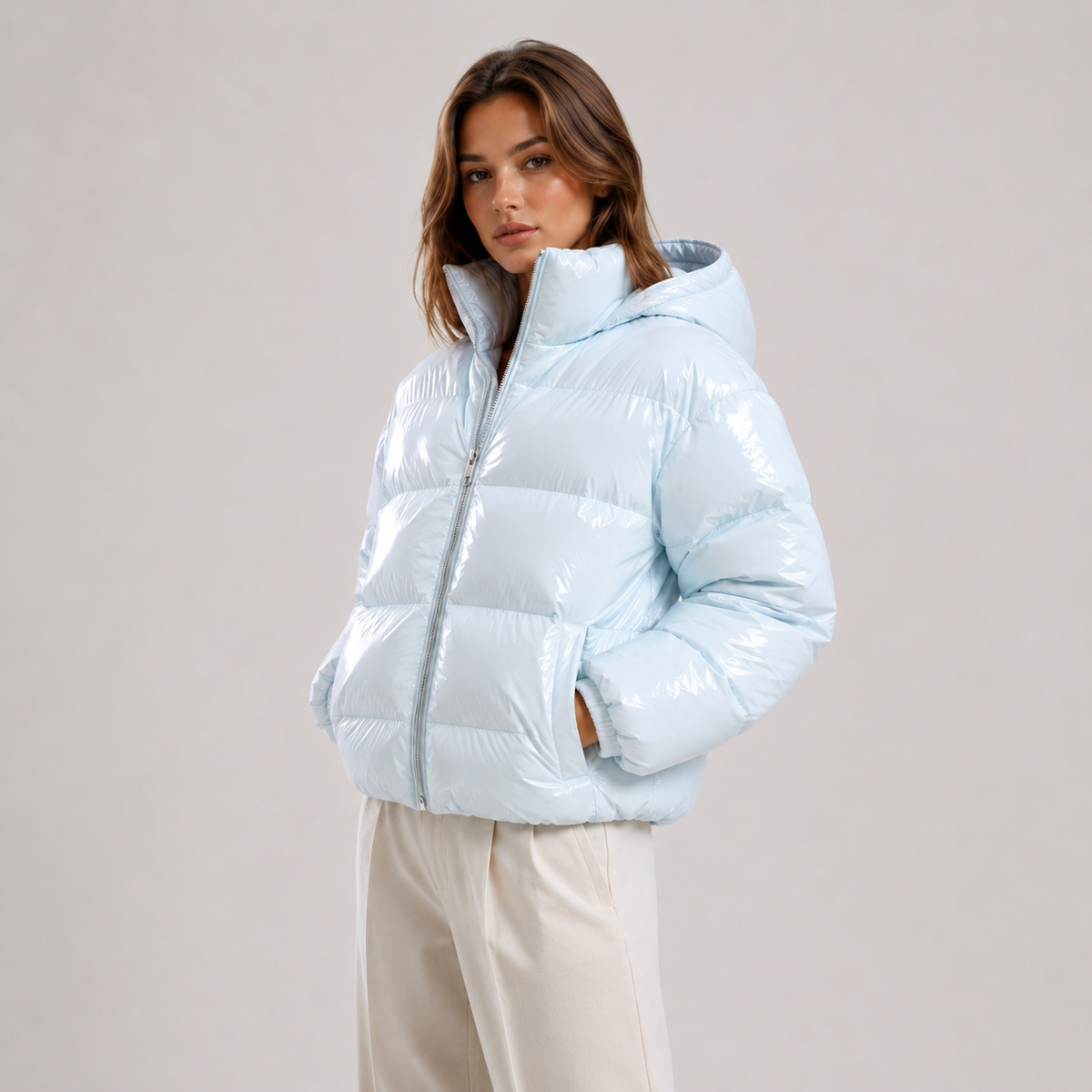 Short Hooded Puffer Jacket, Full Zip Elastic Waist