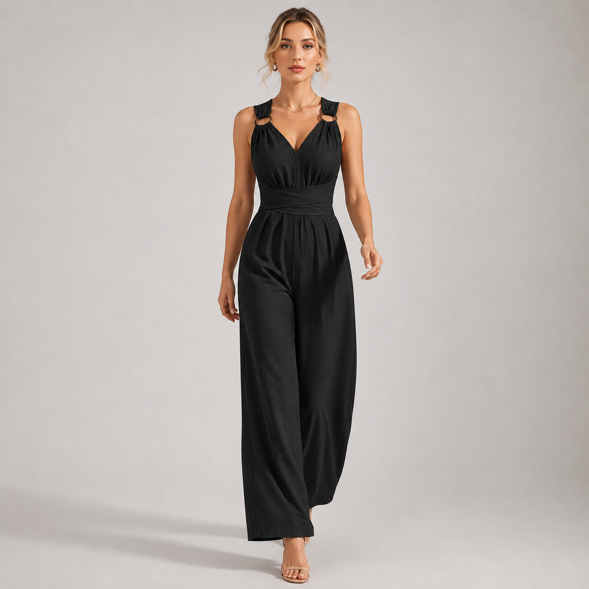 Backless V Neck Jumpsuit, Tie Waist Wide Leg Outfit