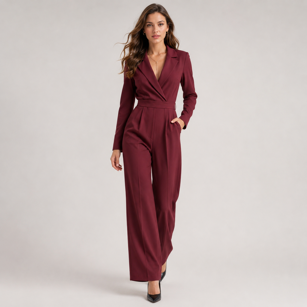 Collared Wide Leg Jumpsuit, Tailored Fit One Piece