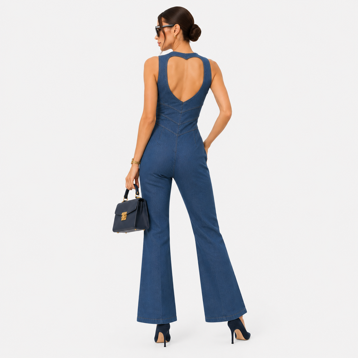 Denim Jumpsuit, Zip Front Flared Wide Leg One Piece